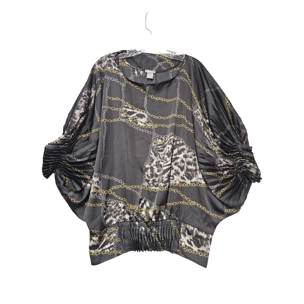 Neiman Marcus Womens Large Leopard Chain Print Pleated Batwing Blouse Black Gold
